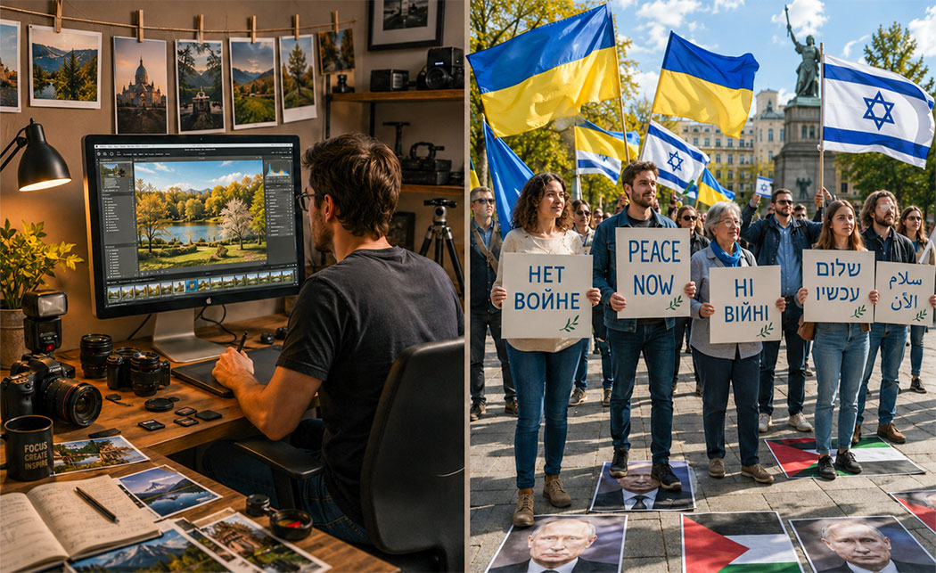 A photographer at work and a peaceful demonstration in support of Ukraine and Israel